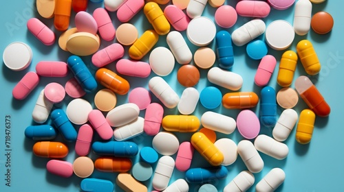 Various pills and capsules in an array of colors scattered on a bright blue background, symbolizing medical variety.