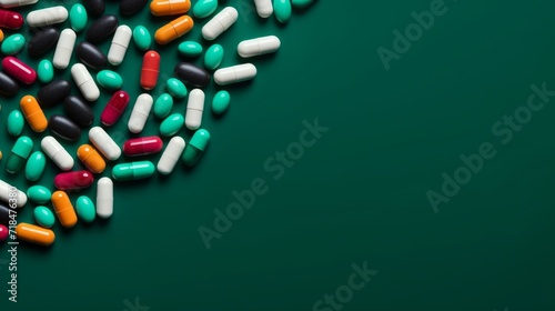 A scattered array of colorful medication capsules on a deep green background, symbolizing health care.