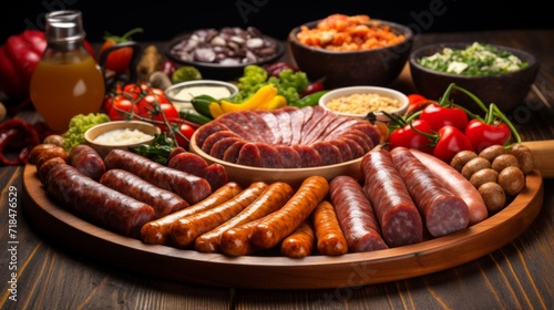 A variety of sausages served with condiments and vegetables on a wooden platter.