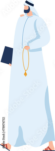 Arab man in traditional clothing holding a laptop. Middle Eastern businessman with a beard and headscarf. Modern and cultural mix vector illustration.