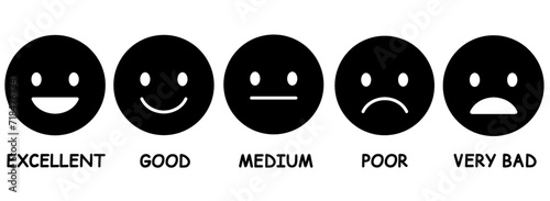 feedback scale emoticon customer review rating icon isolated on white and transparent background. with text excellent good medium poor very bad. black and white icon flat style vector illustration.