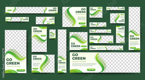 Go Green web banners template design for ads. Abstract green banner set with multisize for multipurpose. vector