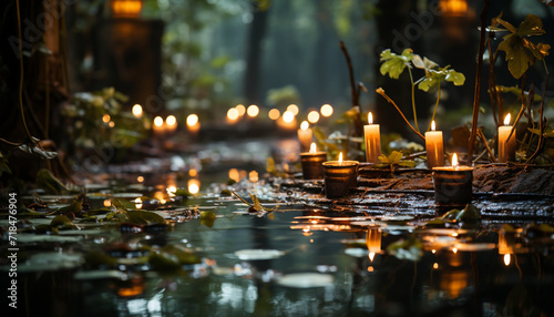Burning candle illuminates spirituality, love, and tranquil outdoor celebration generative AI