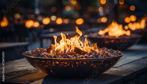 Glowing flames heat the wood, cooking a delicious outdoor meal generative AI photo