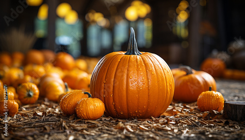 Autumn orange pumpkin lanterns illuminate spooky Halloween night generative AI