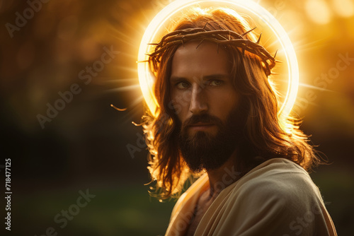portrait of Jesus, heaven light, nature background, glowing halo light around his head