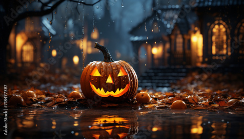 Spooky pumpkin lantern glows in the dark Halloween night generative AI