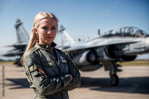 Proud Airforce pilot standing confidently in front of a jet fighter, embodying professionalism, dedication, and the spirit of aviation excellence.