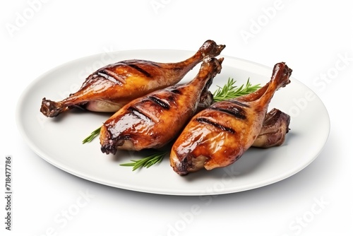 Grilled Quail Cut, Delicately Cooked and Presented, on an Isolated White Surface, Generative AI