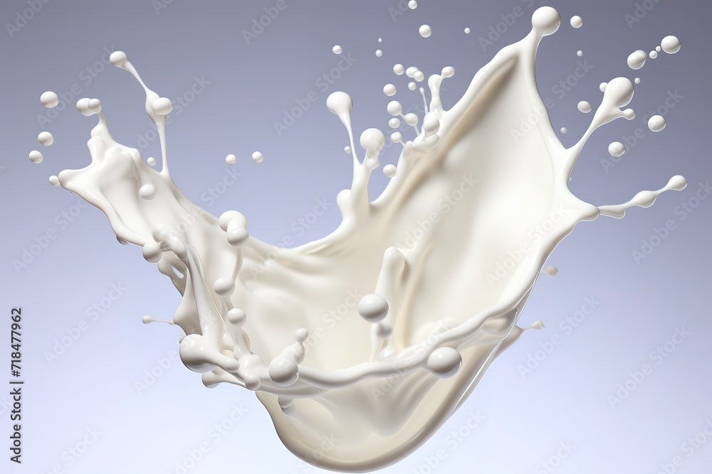 White wavy splashes of milk in the photo on a gray Background. generative AI White wavy splashes of milk in the photo on a gray Background. generative AI
