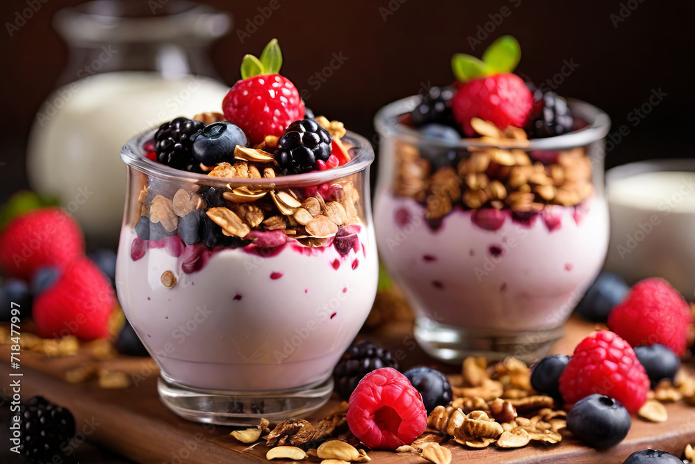 Start your day right with a healthy breakfast. yogurt topped with granola and fresh berries. A delicious and nutritious morning delight.
Start your day right with a healthy breakfast. yogurt topped with granola and fresh berries. A delicious and nutritious morning delight.