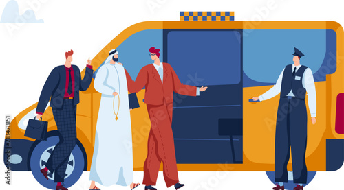 Three diverse men by a taxi, Arabian in traditional clothes, businessman with briefcase, driver in uniform welcoming them. Multicultural transport scene, urban commute vector illustration.