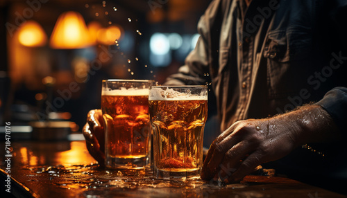 Man pours frothy beer into glass at bar counter generative AI