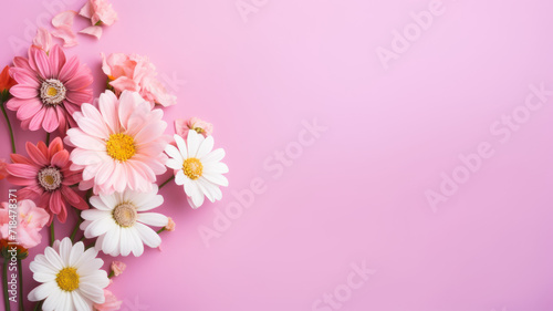 Bouquet of beautiful flowers on pink background, top view. Space for text