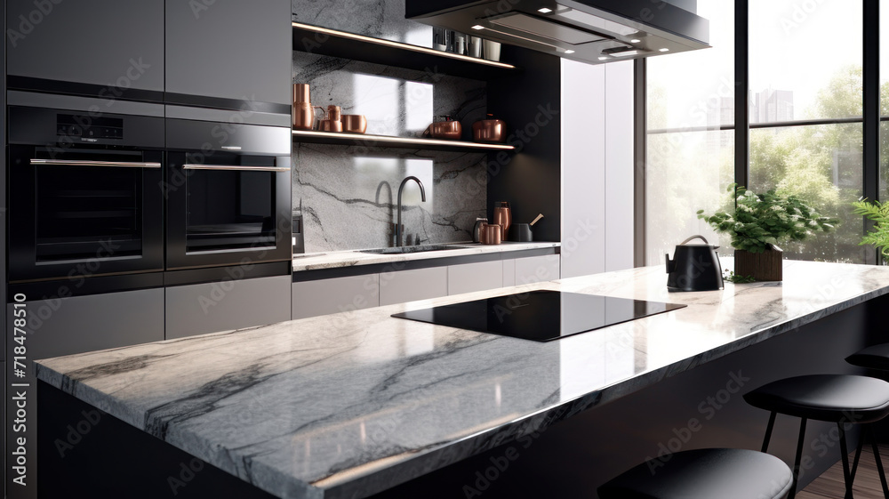 Front view of a modern designer kitchen with smooth handleless cabinets with black edges, black glass appliances, a marble island and marble countertops Front view of a modern designer kitchen with smooth handleless cabinets with black edges, black glass appliances, a marble island and marble countertops