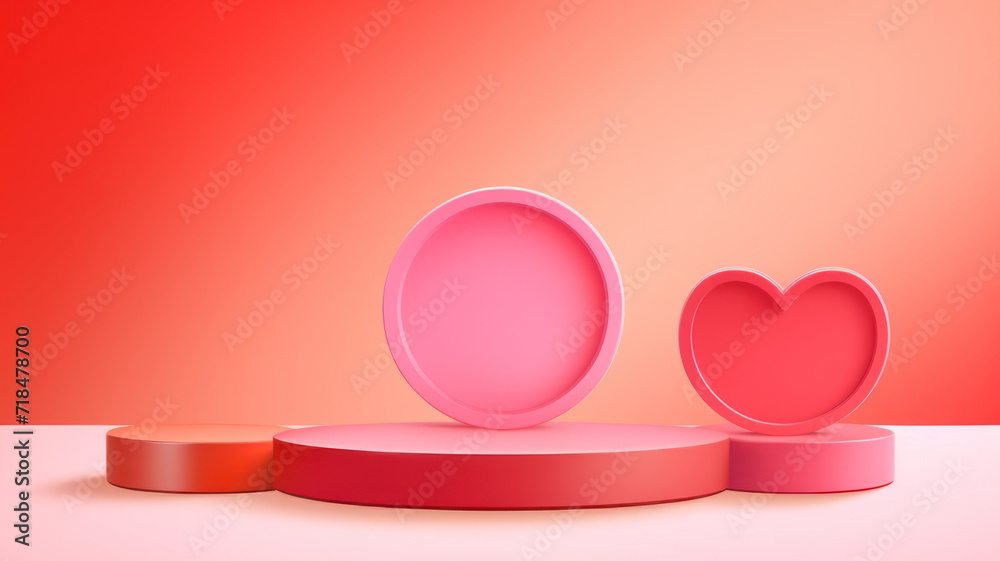 valentine background with pink, coral red realistic cylinder stand podium. Heart shape backdrop valentine background with pink, coral red realistic cylinder stand podium. Heart shape backdrop