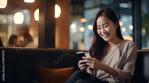 Smiling woman using mobile phone sitting in coffee bar