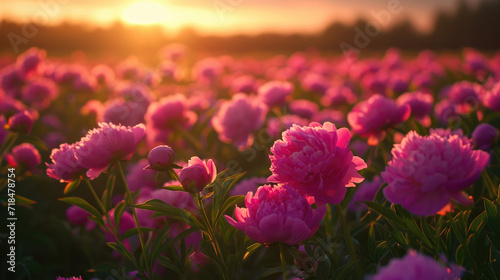 Beautiful view of a field of wild peonies at sunset © boxstock production
