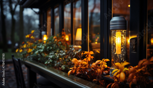 Illuminated lantern glows, casting warm light on fresh flower decoration generated by AI