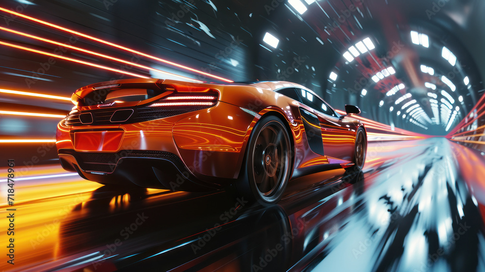 modern sports car drives quickly through an abstract light tunnel modern sports car drives quickly through an abstract light tunnel