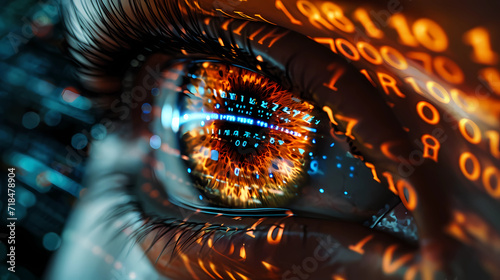 A digital eye with binary code and network data