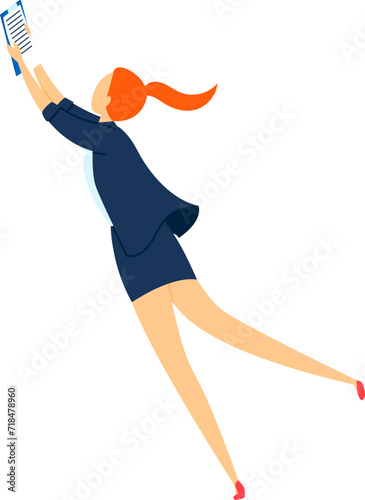 Redhead woman in business attire reaching for something, floating in air. Ambitious female professional striving high to achieve goals vector illustration.