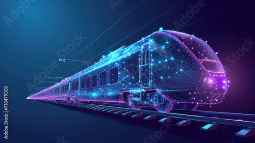 Digital low poly wireframe futuristic high-speed train. Future logistics modern technology, transport concept Abstract 3d blue purple connected dots color mesh