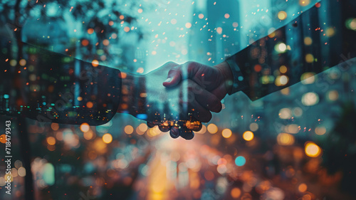  Double Exposure of a businessman handshake on the background blurred downtown nightlife.