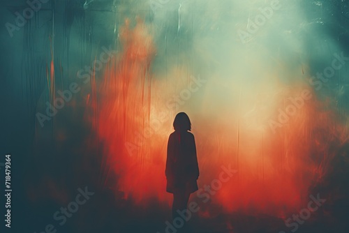 Silhouette of a girl with a grainy gradient effect on an abstract background.