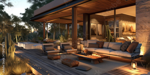 a modern outdoor space with lighting and decking