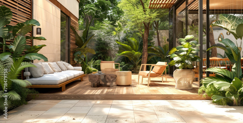 the patio of a modern house with wooden decked furniture © Kien