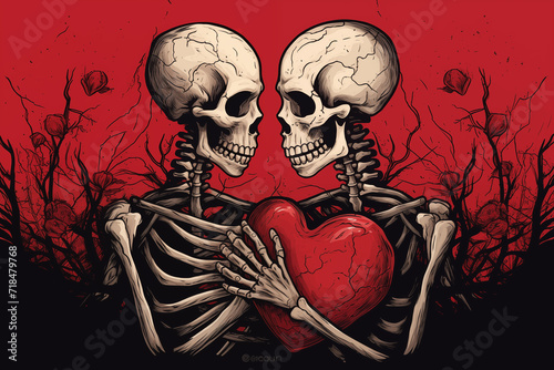 two skeletons in love hugging each other, Valentine's Day postcard, Valentine's Day card, generative AI