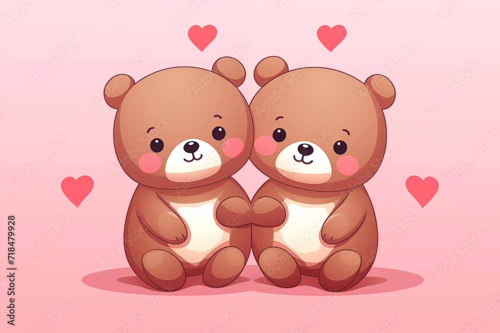 two cute little teddy bears with pink hearts, for valentine's day postcard, valentine's day card, generative AI two cute little teddy bears with pink hearts, for valentine's day postcard, valentine's day card, generative AI