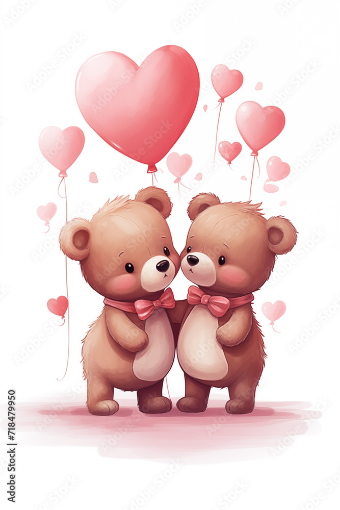 two cute little teddy bears with pink hearts, for valentine's day postcard, valentine's day card, generative AI two cute little teddy bears with pink hearts, for valentine's day postcard, valentine's day card, generative AI