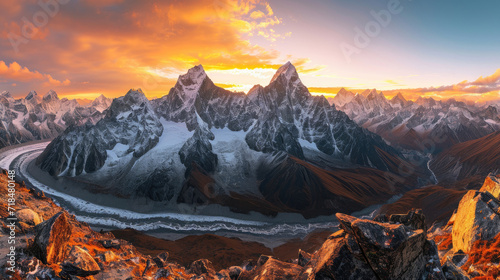Panorama of majestic high mountain peaks with warm golden light of sunrise