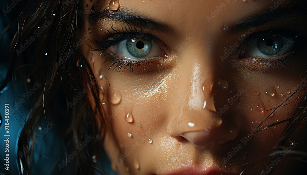 Smiling woman, wet hair, looking at camera, beauty in nature generative AI Smiling woman, wet hair, looking at camera, beauty in nature generative AI