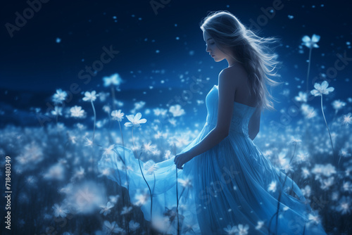 Beautiful young woman walking at night in the field with tender flowers. 