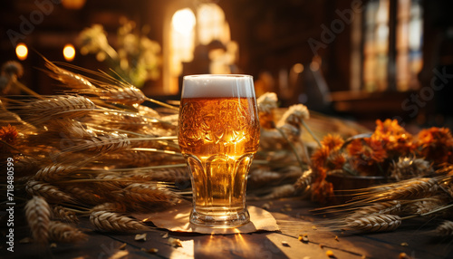 A frothy pint of beer on a wooden table at a pub generative AI