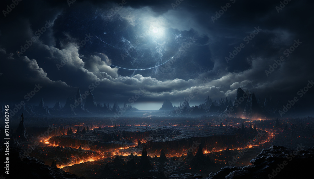 Night sky, moonlight illuminates the spooky landscape, creating a mysterious atmosphere generated by AI