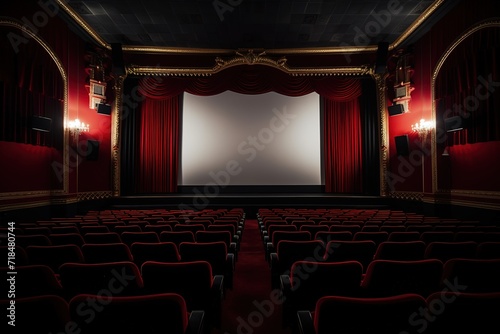 Front view on empty scene with red curtains, rows of seats and lights on top. 3D rendering Generative AI