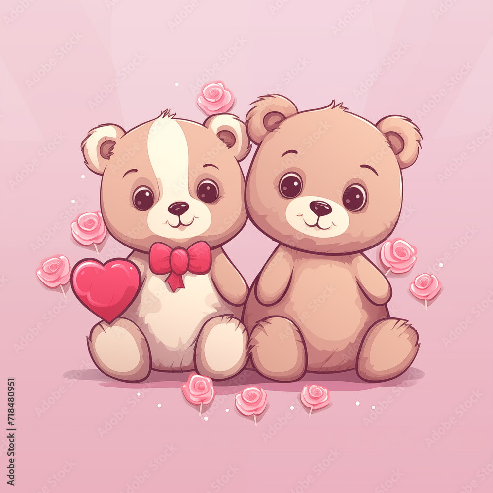 two cute little teddy bears with pink hearts, for valentine's day postcard, valentine's day card, generative AI two cute little teddy bears with pink hearts, for valentine's day postcard, valentine's day card, generative AI