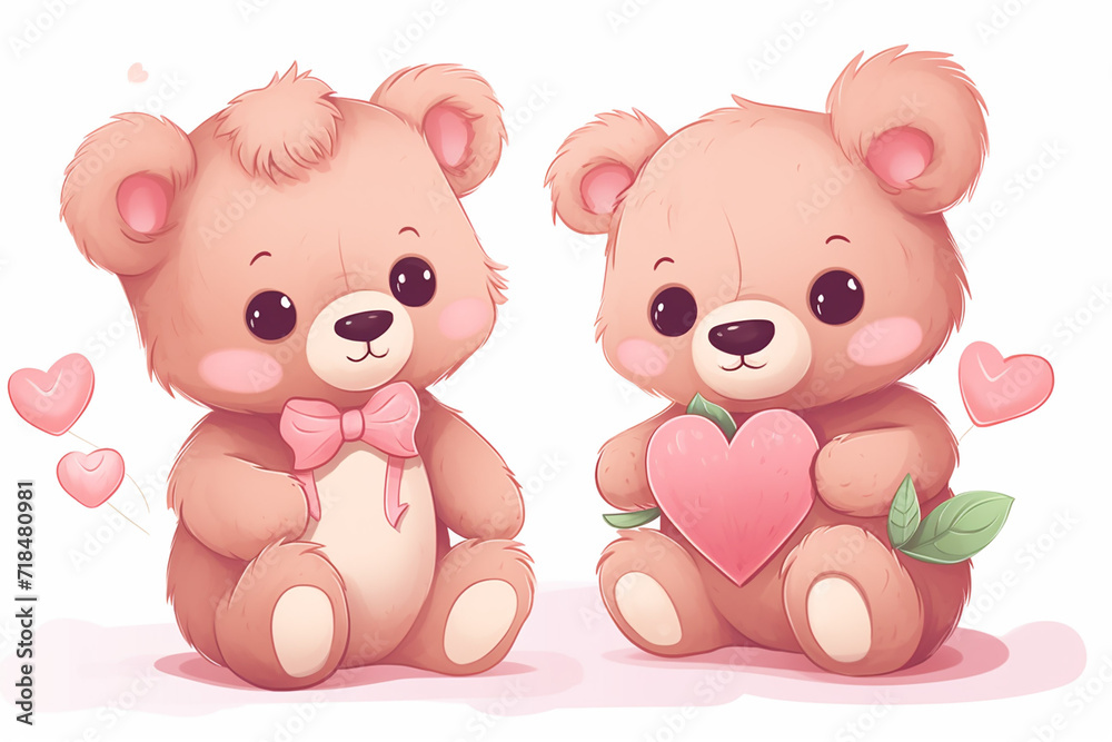 Naklejka premium two cute little teddy bears with pink hearts, for valentine's day postcard, valentine's day card, generative AI