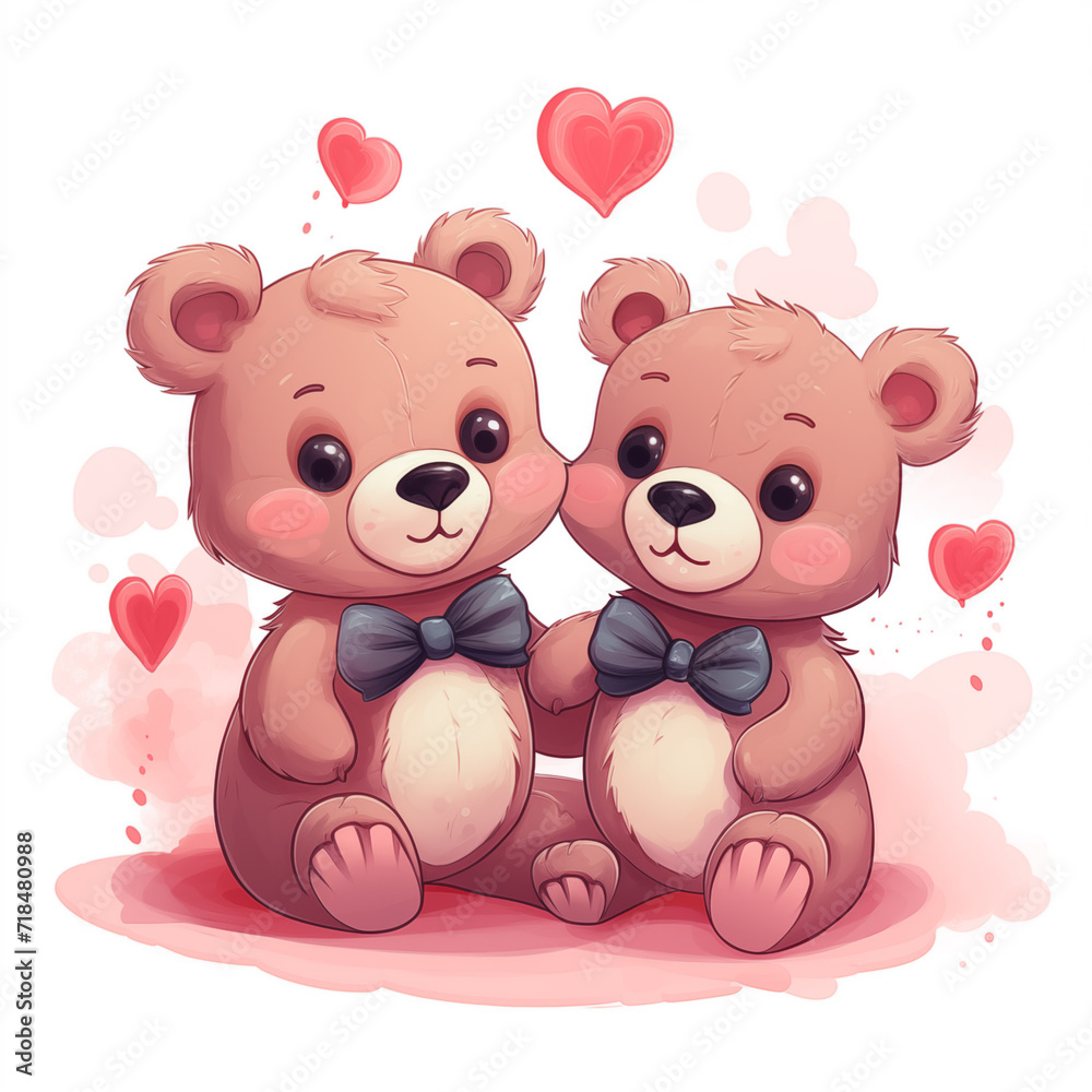 two cute little teddy bears with pink hearts, for valentine's day postcard, valentine's day card, generative AI two cute little teddy bears with pink hearts, for valentine's day postcard, valentine's day card, generative AI