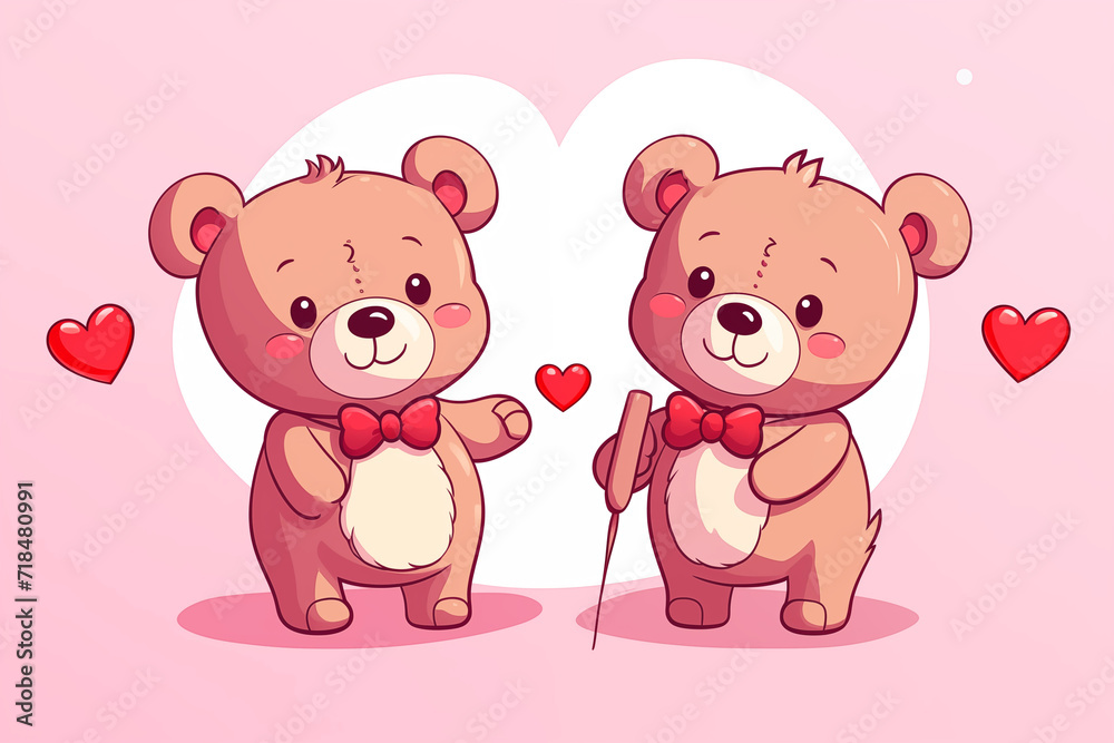 two cute little teddy bears with pink hearts, for valentine's day postcard, valentine's day card, generative AI two cute little teddy bears with pink hearts, for valentine's day postcard, valentine's day card, generative AI