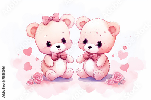 two cute little teddy bears with pink hearts, for valentine's day postcard, valentine's day card, generative AI © Paulina