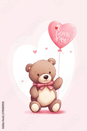 two cute little teddy bears with a pink heart-shaped balloon with the words i love you, generative AI