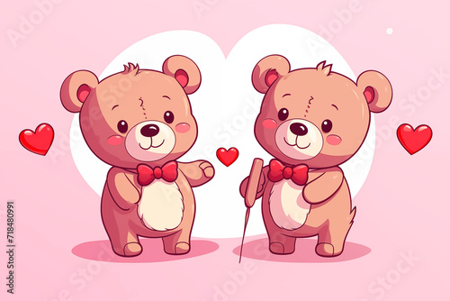 two cute little teddy bears with pink hearts  for valentine s day postcard  valentine s day card  generative AI