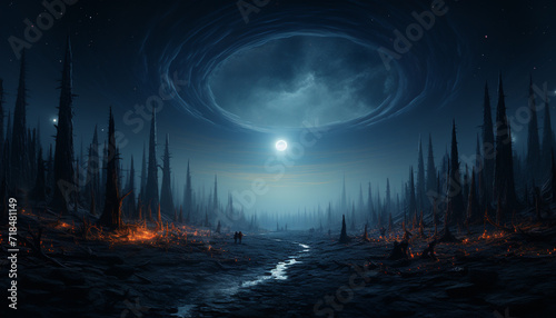 Spooky dark night, mysterious galaxy, nature starry fantasy illustration generated by AI