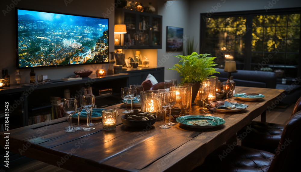 Luxury dining room with elegant decor, illuminated by candlelight generated by AI