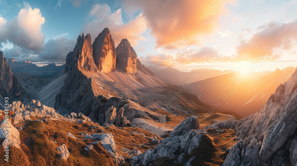 Panorama of majestic high mountain peaks with warm golden light of sunrise